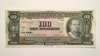 1945 Bolivia 100 Bolivianos Banknote,  Pick 142,  Uncirculated