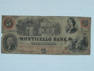 1860 $5 The Monticello Bank - Charlottesville,  Virginia