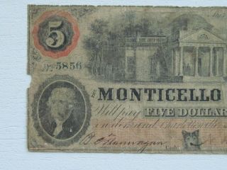 1860 $5 The Monticello Bank - Charlottesville,  VIRGINIA 2