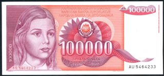 Yugoslavia 100,  000 Dinara 1989 P 97 Uncirculated Prefix Au