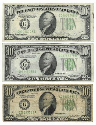 $10 1928 B,  $10 1934 A,  $10 1934 D Light Green Seal