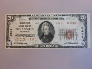 1929 $20 Los Angeles Security - First National Bank 2491 Type 2 Note