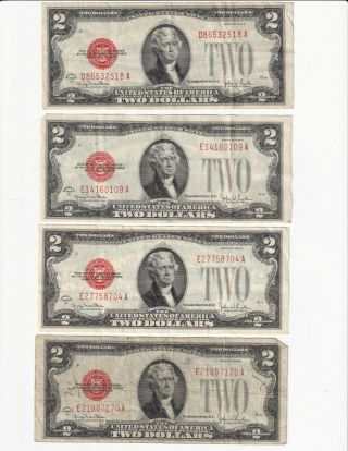 Four 1928 G $2 Legal Tender Notes And A 1976 Stamped $2 Federal Reserve Note