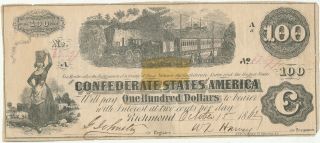 One Hundred Dollars $100 1862 Confederate States Of America Richmond Train
