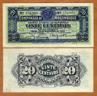 Mozambique,  20 Centavos,  1933,  Portugal,  Pick R29,  Aunc