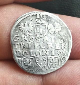 Medieval Poland 3 Groschen 1595 If/sc Silver Trojak Sigismund Iii Rare