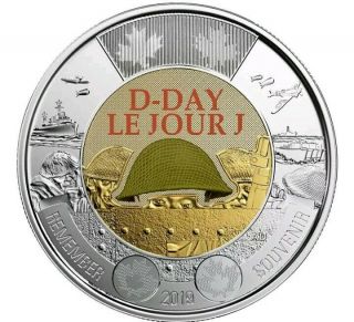 Colored 2019 D - Day Commemorative Canada 2 Dollar Coin Toonie Le Jour - J