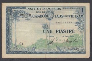 French Indochina 1 Piastre = 1 Kip Banknote P - 100 Nd 1954 Laos Issue