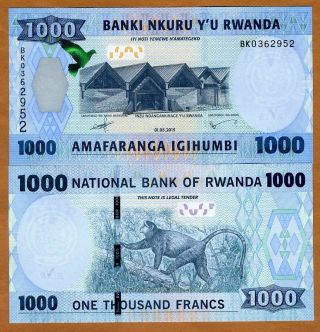 Rwanda,  1000 (1,  000) Francs,  2015,  P - 42,  Security Features Unc Monkey