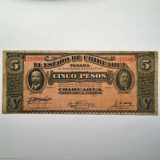 1914 Mexico 5 Pesos Banknote,  State Of Chihuahua N - Cdmi Blue Stamp,  Pick S532a