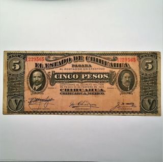 1914 Mexico 5 Pesos Banknote,  STATE OF CHIHUAHUA N - CDMI BLUE STAMP,  Pick S532a 3