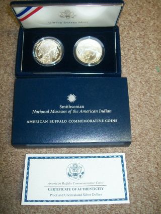 2001 American Buffalo Commemorative Proof And Unc Silver Dollars,  Two Coin Set