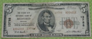 1929 - The Stone City Nat.  Bank Of Bedford,  Indiana - $5 Note - Torn & Taped