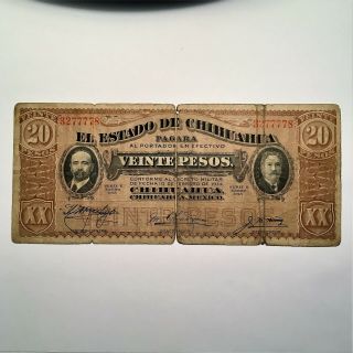 1915 Mexico 20 Pesos Banknote,  State Of Chihuahua Mar - I Blue Stamp,  Pick S537a