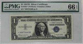 1957 B $1 Silver Certificate Star B Block Fr.  1621 Pmg 66 Gem Unc Epq (440b)