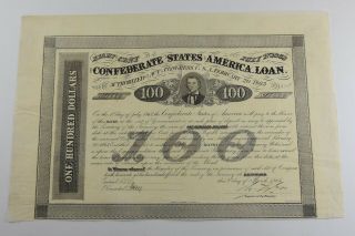 Authentic - 1863 Confederate States - Civil War $100 Bond Certificate 616