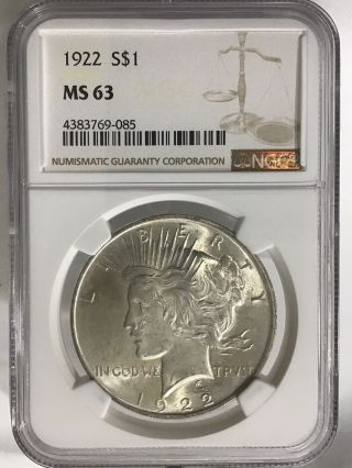 1922 P Peace Silver Dollar S$1 Ngc Ms63 (385)
