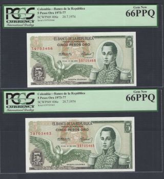 Colombia 2 Notes 5 Pesos Oro 20 - 7 - 1974 P406e Uncirculated Graded 66