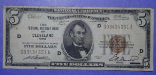 1929 $5 Federal Reserve Bank Note Cleveland Ohio F/vf