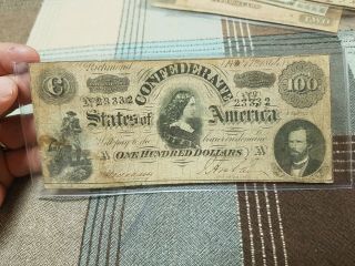 1864 Confederate Civil War Richmond Va $100 One Hundred Dollar Note