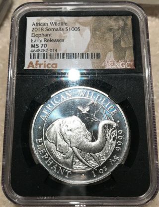 2018 Somalia 1 Oz 0.  9999 Fine Silver Elephant Ngc Ms70 Black Core Label Gem