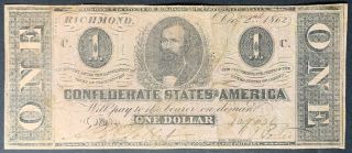 Dec.  2nd 1862 $1 Confederate States Of America Note - Richmond