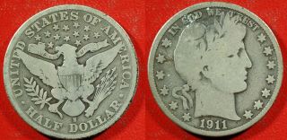 1911 - S U.  S.  Barber Silver Half Dollar - Solid Good,  Stk J52