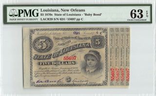 United States Louisiana 1870’s Pmg Choice Unc 63 Epq 5 Dollars (baby Bond)