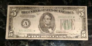 1934 Circulated Five Dollar $5 Green Seal Star Note