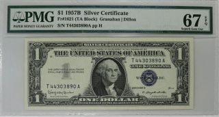 1957 B $1 Silver Certificate Ta Block Fr.  1621 Pmg Cert 67 Gem Unc Epq