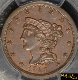1851 Ms61 Pcgs 1/2c Braided Hair Half Cent,  Hints Of Red,  Marc