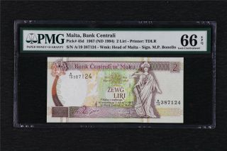 1967 Malta Central Bank 2 Liri Pick 45d Pmg 66 Epq Gem Unc