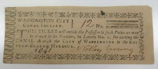 Washington City Canal Lottery Ticket Ca.  1797 - 1798 Issued Ticket Vf