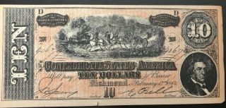 Original: 1864 Civil War Confederate States $10 Dollar Large Note Excellent/vf,
