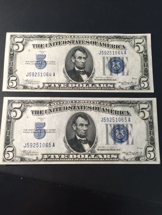 1934 A $5 Dollar Bill Silver Certificates - Blue Seal Note - Consecutive Numbers