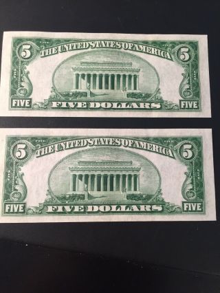 1934 A $5 Dollar Bill Silver Certificates - Blue Seal Note - CONSECUTIVE NUMBERS 2