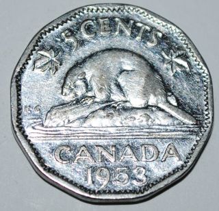Canada 1953 5 Cents Sf Near Five Cents Canadian Nickel Shoulder Fold Near