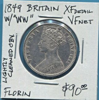 Great Britain - Historical Qv Silver Florin,  1849 (with Ww),  Km 745