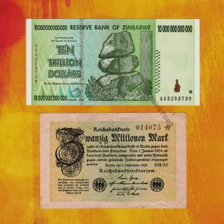 20 Million German Marks Banknote 1923,  10 Trillion Zimbabwe Dollars 2008 Set