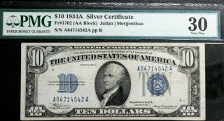 1934a $10 Blue Seal Silver Certificate Pmg Very Fine - 30