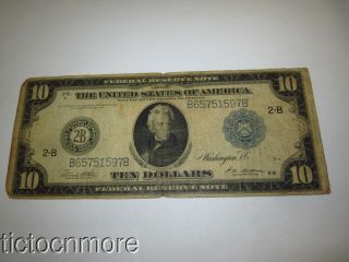 Us 1914 $10 Ten Dollar Bill Federal Reserve Note 2 - B Large Note York