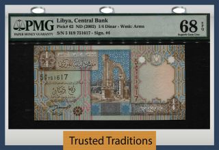 Tt Pk 62 Nd (2002) Libya Central Bank 1/4 Dinar Pmg 68 Epq Gem None Finer