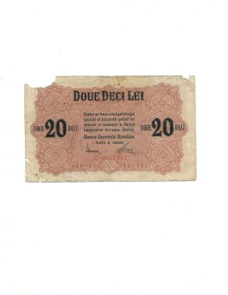 Romania 20 (doue Beci Lei) 1917 Wwi Bgr Banknote With 2 Stamps