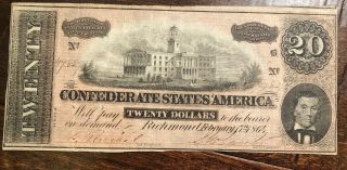 1864 T - 67 $20 The Confederate States Of America Note - Civil War Era Vg/f