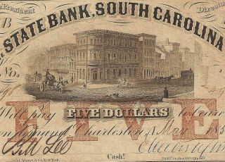 1857 $5 Dollar State Bank South Carolina Note Large Currency Old Paper Money
