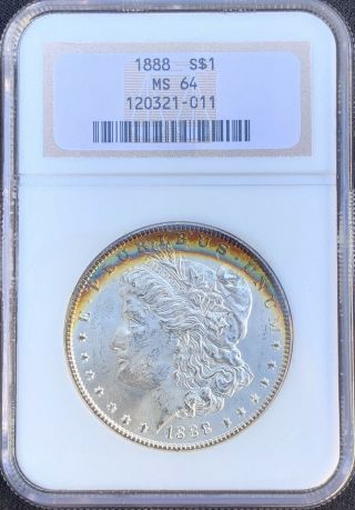 1888 Morgan Silver Dollar Ngc Ms64 Rainbow Toned Obverse And Reverse