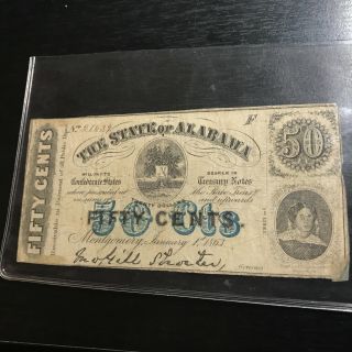1863 The State Of Alabama 50 Cents Csa Obsolete Note