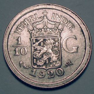 Netherlands East Indies 1/10 Gulden 1920 Silver K1.  5