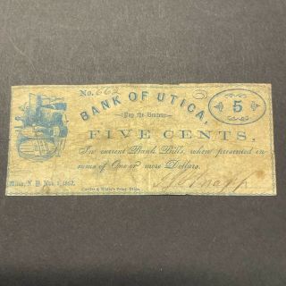 1862 5 Cent Bank Of Utica,  Utica York Obsolete Scrip Note