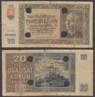 Slovakia 20 Korun 1939 (vg) Canceled Banknote Not Profrated Km 5a